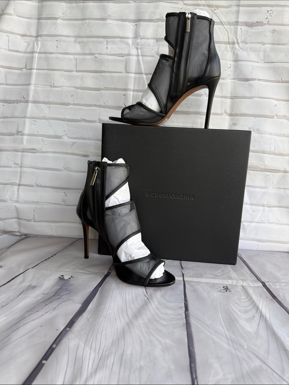 BCBGMaxAzria Surali Black Mesh Strappy Stiletto 4” Heel